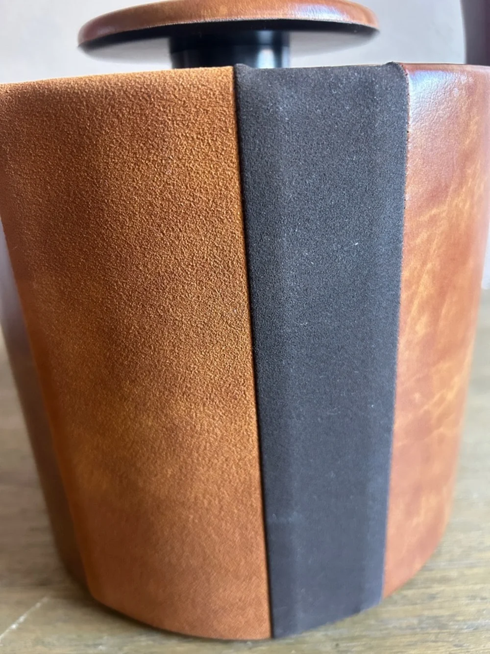 MCM Brown Leather Cylindrical Ice Bucket With Black Accent Made in L. A. USA.